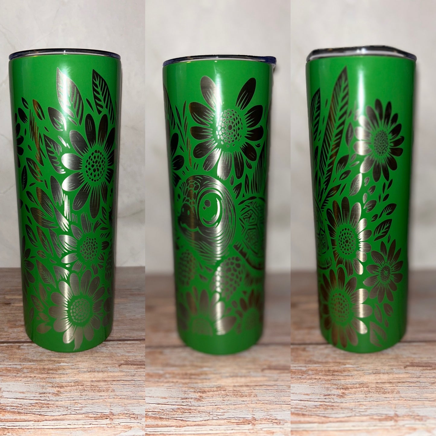 Turtle and flower engraved tumbler